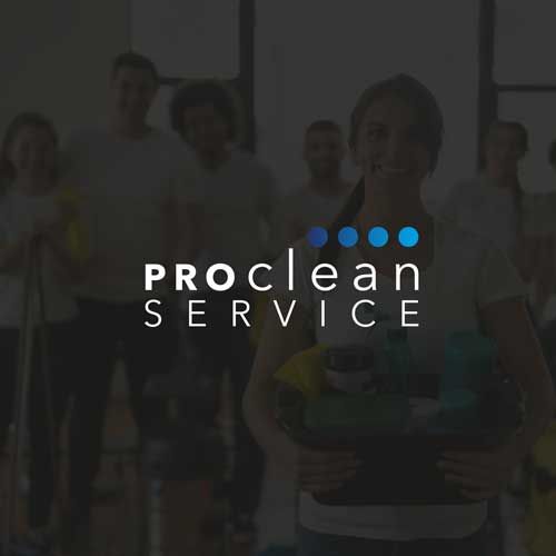 Reinigungsteam mit einer Frau im Vordergrund hält Reinigungsprodukte und Ausrüstung